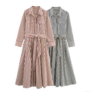 Women Elegant Striped Shirt Dress With Belt Button Down Maxi Long Sleeve Poplin A-Line Office Lady Casual Dresses