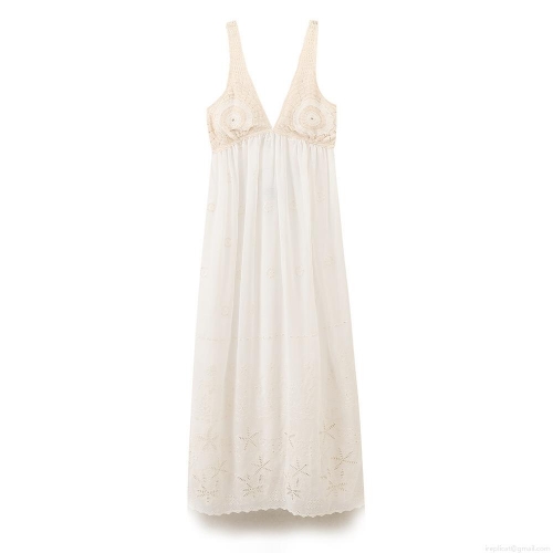 Women's Elegant Bohemian V-Neck Crochet Patchwork Maxi Dress With Embroidery Hollow Out Lace Sleeveless Vacation Party Long Dress