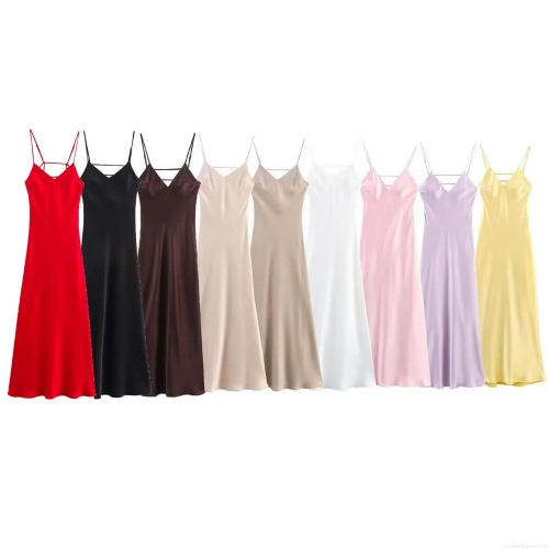 Women Elegant Satin Slip Dress V Neck Criss Cross Backless Maxi Dress Silk Texture Strappy Evening Party Wedding Gown Socialite Style