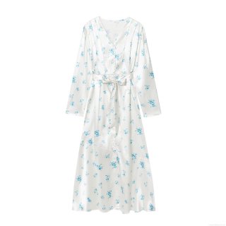 Elegant Women's V-Neck Long Sleeve Floral Print Maxi Dress Elegant Polyester Satin Waist Tie Blue Rose Flower Party Evening Wedding Guest Vacation Clothing