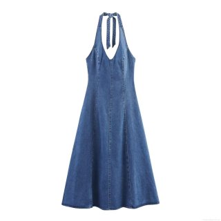 Women's Sexy Halter Neck Backless Denim Maxi Dress V-Neck Sleeveless A-Line Long Jean Dress Elegant Back Tie Socialite Party Dresses for Ladies