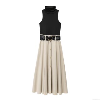 Women's Elegant Color Block Sleeveless Maxi Dress High Neck Belted A-Line Long Dress With Gold Buckle Buttons Formal Party Date Night Evening Vestidos