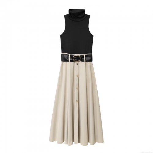 Women's Elegant Color Block Sleeveless Maxi Dress High Neck Belted A-Line Long Dress With Gold Buckle Buttons Formal Party Date Night Evening Vestidos