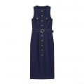 Women's Dark Blue Denim Sleeveless Maxi Dress With Belt Single Breasted Button Down Slim Fit Elegant Casual Summer Dress For Women
