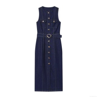 Women's Dark Blue Denim Sleeveless Maxi Dress With Belt Single Breasted Button Down Slim Fit Elegant Casual Summer Dress For Women