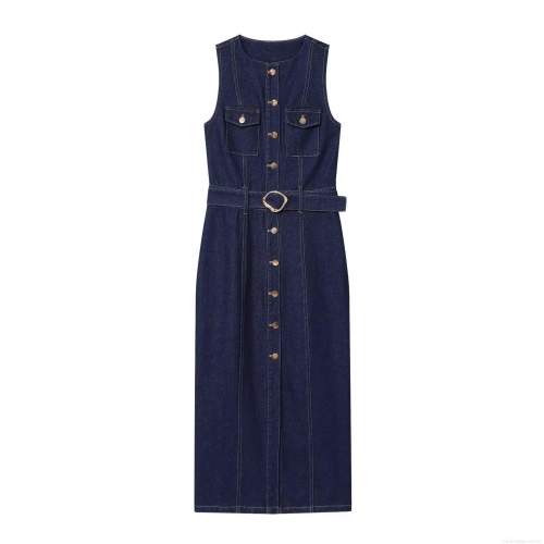 Women's Dark Blue Denim Sleeveless Maxi Dress With Belt Single Breasted Button Down Slim Fit Elegant Casual Summer Dress For Women