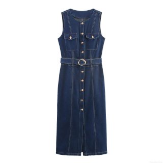 Women's Casual Sleeveless Denim Maxi Dress Belted Front Button Pockets Cotton Blend Denim Streetwear Elegant Long Jeans Dress