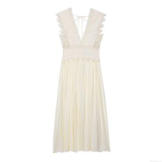 Women's French Elegant Lace Splicing Maxi Dress Sexy V-Neck Sleeveless Hollow Out Embroidery Pleated Ivory Long Dress For Party Wedding Dating Summer