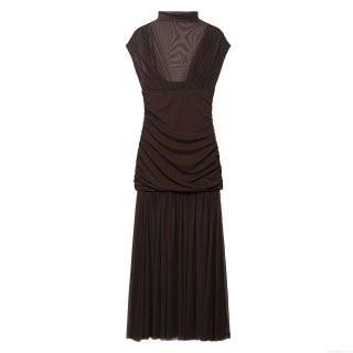 Women's Elegant Coffee Brown Mock Neck Sleeveless Mesh Patchwork Pleated Maxi Dress Slim Fit Solid Color Summer Party Evening Dress