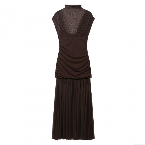 Women's Elegant Coffee Brown Mock Neck Sleeveless Mesh Patchwork Pleated Maxi Dress Slim Fit Solid Color Summer Party Evening Dress