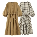 Women Elegant Lantern Sleeve Plaid Dress Vintage Khaki Button Up Maxi Dress With Belt Fashionable Vacation Round Neck A-Line Long Dress Casual Polyester Woven Dress For Women
