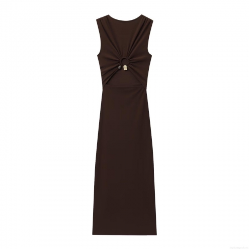 Women's Sleeveless Ruched Backless Bodycon Maxi Dress Round Neck Solid Color Polyester Long Dress For Party Clubwear Elegant Vacation