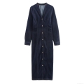Elegant Women's V-Neck Denim Dress Slim Fit Single Breasted Long Sleeve Maxi Shirt Dress For Casual Office Party Fashion Retro Polyester Denim Fabric