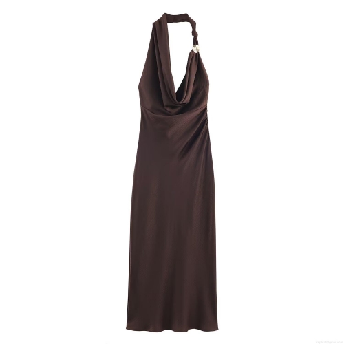 Elegant Women Brown Satin Halter Maxi Dress With Rhinestone Ring Asymmetric Drape Neck Backless Bodycon Evening Party Long Dress