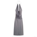 Women Sexy Halter Neck Maxi Dress Satin Silk Drape Neck Ruched Evening Party Wedding Cocktail Dress With Metal Ring Silver Grey