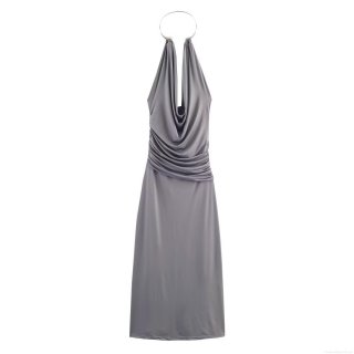 Women Sexy Halter Neck Maxi Dress Satin Silk Drape Neck Ruched Evening Party Wedding Cocktail Dress With Metal Ring Silver Grey