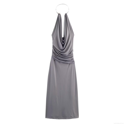 Women Sexy Halter Neck Maxi Dress Satin Silk Drape Neck Ruched Evening Party Wedding Cocktail Dress With Metal Ring Silver Grey