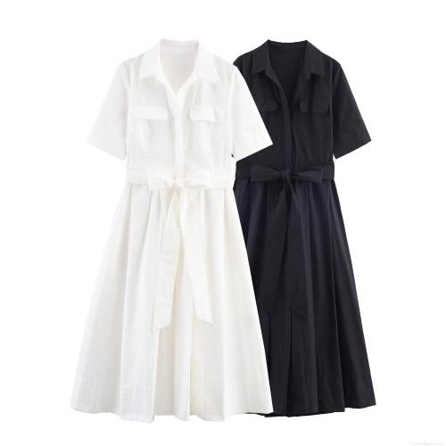 Women's Elegant Short Sleeve Poplin Shirt Dress With Sash Belt And Pockets Solid Color High Waist Maxi Dress Casual Summer Midi Dresses