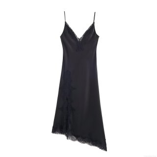 Women's Elegant Satin Camisole Maxi Dress V-Neck Lace Trim Sexy Backless Solid Black Slip Dress For Party Evening Summer Clubwear Women Clothing