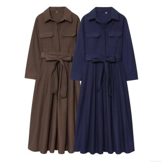 Women's Elegant Long Sleeve Poplin Shirt Maxi Dress Solid Color Workwear Style With Waist Tie And Pockets Casual Office Dress