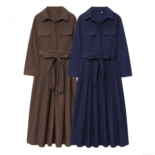 Women's Elegant Long Sleeve Poplin Shirt Maxi Dress Solid Color Workwear Style With Waist Tie And Pockets Casual Office Dress