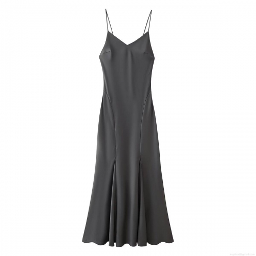 Elegant Satin V-neck Sleeveless Backless Slip Dress Solid Color Mermaid Long Evening Party Dress for Women Celebrity Style Wedding Guest Maxi Dress