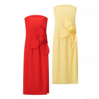 Elegant Women's Strapless Maxi Dress With 3D Rose Flower Decor Side Split Sexy Polyester Satin Slim Fit Evening Party Banquet Dress