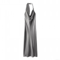 Women Satin Cowl Neck Maxi Dress Asymmetric Beaded Strap Backless Evening Party Gown Elegant Silver Grey Slip Dress Silk Texture Wedding Guest Dress