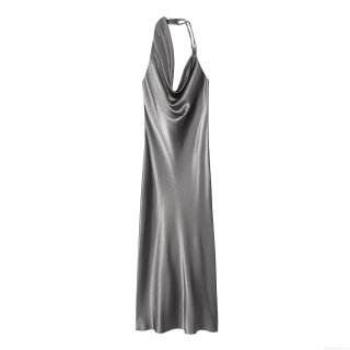 Women Satin Cowl Neck Maxi Dress Asymmetric Beaded Strap Backless Evening Party Gown Elegant Silver Grey Slip Dress Silk Texture Wedding Guest Dress