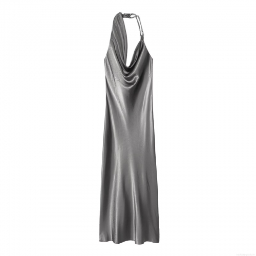 Women Satin Cowl Neck Maxi Dress Asymmetric Beaded Strap Backless Evening Party Gown Elegant Silver Grey Slip Dress Silk Texture Wedding Guest Dress