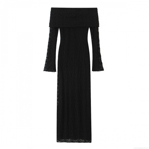 Women's Elegant Lace Off-Shoulder Bodycon Maxi Dress Long Sleeve Solid Color Slim Fit Evening Party Formal Dresses