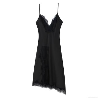 Women's Elegant Satin Slip Dress With Lace Trim Sexy V-Neck Spaghetti Straps Maxi Long Dress Party Evening Banquet Sleeveless Irregular Hem Gown