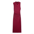 Women's Elegant Ruched Sleeveless Maxi Dress Semi-High Neck Bodycon Knit Long Dress For Party Banquet Solid Color Socialite Style