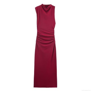 Women's Elegant Ruched Sleeveless Maxi Dress Semi-High Neck Bodycon Knit Long Dress For Party Banquet Solid Color Socialite Style