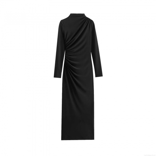 Women's Elegant High Neck Ruched Maxi Dress Long Sleeve Slim Fit Pleated Polyester Milk Silk Evening Party Cocktail Wedding Guest Dresses