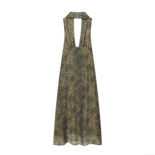 Sexy Leopard Print Maxi Dress Women Halter Neck Deep V-Neck Backless Chiffon Bodycon Long Gown For Evening Party Club Summer Vacation