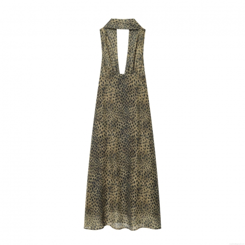 Sexy Leopard Print Maxi Dress Women Halter Neck Deep V-Neck Backless Chiffon Bodycon Long Gown For Evening Party Club Summer Vacation