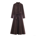 Women's Elegant Polyester Long Sleeve Belted Shirt Maxi Dress Solid Color Single-Breasted A-Line Long Dress For Office Party Daily Wear