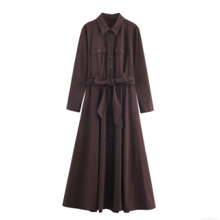 Women's Elegant Polyester Long Sleeve Belted Shirt Maxi Dress Solid Color Single-Breasted A-Line Long Dress For Office Party Daily Wear
