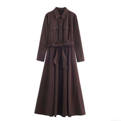 Women's Elegant Polyester Long Sleeve Belted Shirt Maxi Dress Solid Color Single-Breasted A-Line Long Dress For Office Party Daily Wear