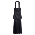 Women's Sexy Halter Neck Mesh Tulle Backless Maxi Dress Elegant Solid Black Party Prom Celebrity Style Sleeveless Evening Gown Outfits