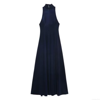 Women's Elegant Velvet Halter Neck Backless Maxi Dress Sexy Solid Color Sleeveless A-Line Evening Party Gown Celebrity Style Wedding Guest Dress