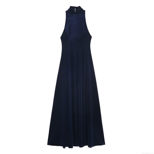 Women's Elegant Velvet Halter Neck Backless Maxi Dress Sexy Solid Color Sleeveless A-Line Evening Party Gown Celebrity Style Wedding Guest Dress