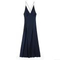 Women's Sexy Elegant V Neck Satin Maxi Dress Sleeveless Cross Back Straps Long Slip Dress For Evening Party Wedding Guest Cocktail Vacation