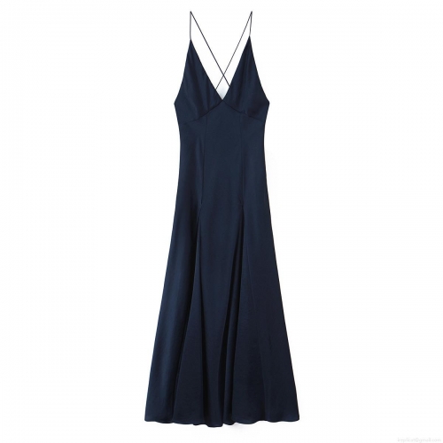 Women's Sexy Elegant V Neck Satin Maxi Dress Sleeveless Cross Back Straps Long Slip Dress For Evening Party Wedding Guest Cocktail Vacation