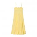 Elegant Lemon Yellow Polyester Camisole Maxi Dress For Women Summer Vacation Backless Tiered Cake Skirt With Lace Trim And Bow Decoration Boho Style Beach Party Dress