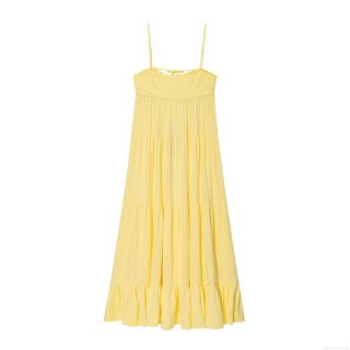 Elegant Lemon Yellow Polyester Camisole Maxi Dress For Women Summer Vacation Backless Tiered Cake Skirt With Lace Trim And Bow Decoration Boho Style Beach Party Dress