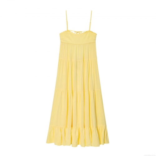 Elegant Lemon Yellow Polyester Camisole Maxi Dress For Women Summer Vacation Backless Tiered Cake Skirt With Lace Trim And Bow Decoration Boho Style Beach Party Dress