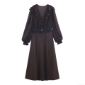 Women's Elegant Deep V-Neck Long Sleeve Ruffle Maxi Dress With Belt Solid Coffee Polyester Pleated Chiffon Feel Socialite Style Party Dress