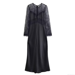 Women's Elegant Black Lace Patchwork Maxi Dress Long Sleeve Satin Polyester Evening Party Dress With Round Neck Sexy Bodycon Gown For Women